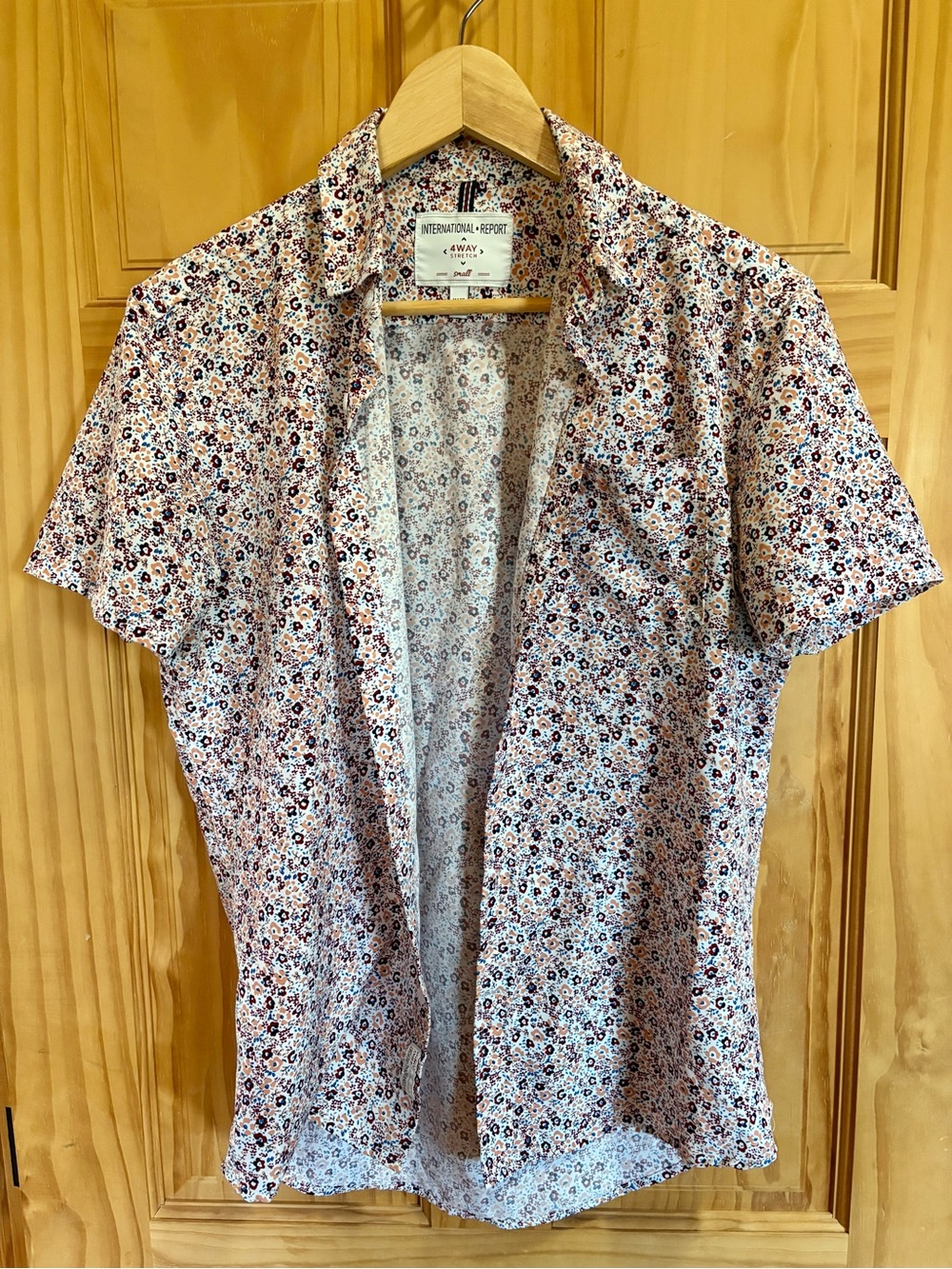 Men's Short Sleeve Floral Shirt - White with Brown & Blue Print